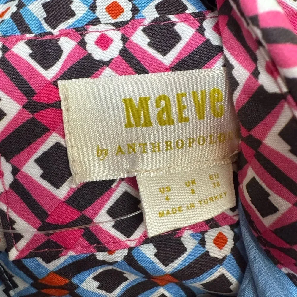 Maeve Anthropologie Buckley Button Front Mini Dress Blue Motif NWT 4